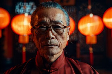 An elder man with a stern expression stands in a traditional setting with Chinese red lanterns illuminating the background
