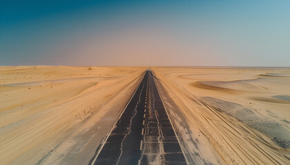 asphalted flat road through the sandy desert goes beyond the horizon