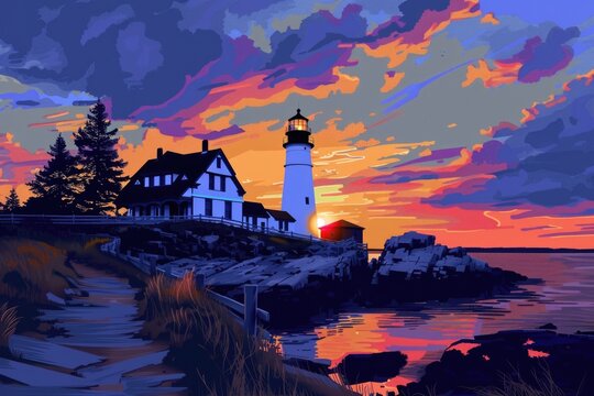 Beautiful painting of a lighthouse against a colorful sunset. Ideal for home decor or travel brochures