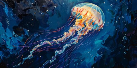Jellyfish are animals with a transparent body. The body is composed mostly of gelatin. Can see into the
 internal organs. Watercolor painting. Use for wallpaper, posters, postcards, brochures.
