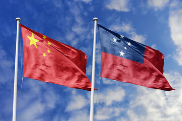 3d illustration. China and Samoa Flag waving in sky. High detailed waving flag. 3D render. Waving...