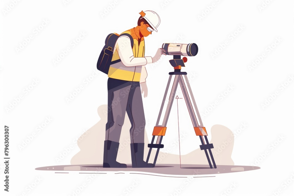 Aufkleber a man standing next to a camera on a tripod. suitable for photography and technology concepts