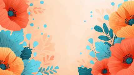 A colorful flowery background with a blue and orange flower in the center