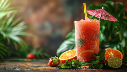 Tropical exotic cocktail with umbrella in rays of sun, fresh summer cold alcohol drinks orange colors. Holiday,vacation travel concept. Refreshing
