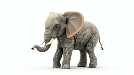 A young elephant stands alone on a white background. The elephant is gray with large ears and a long trunk. It is looking to the left of the frame.
