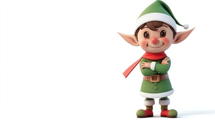 Cute 3D rendering of a Christmas elf. The elf is wearing a green suit with a red and white hat and scarf.
