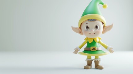 Cute 3D rendering of a Christmas elf in green and yellow suit with pointy ears and hat, standing on a white background with a happy expression on its