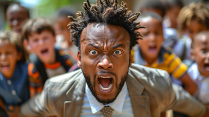 A man with a beard and dreadlocks is standing in front of a group of children. The children are looking at him and seem to be laughing. a stressed, overwhelmed biracial looking man surrounded by kids - Powered by Adobe