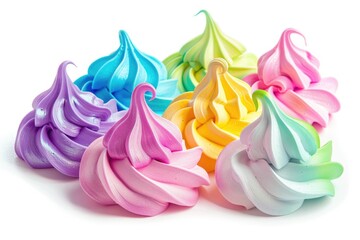 Vibrant meringue cookies on a clean white background. Ideal for food and dessert concepts