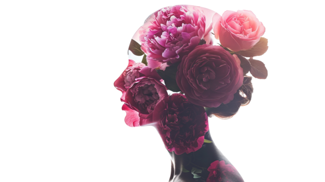 silhouette profile of woman double exposure with blooming flowers. png object isolated on transparent background, mockup, design, template, layout, sticker
