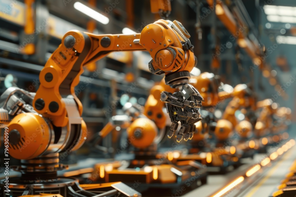 Aufkleber group of robots moving on a conveyor belt, suitable for technology concepts