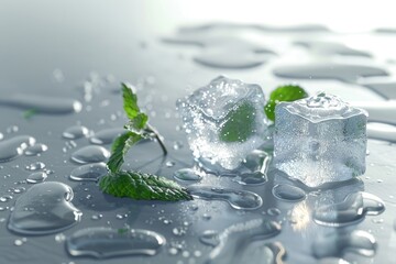Refreshing ice cubes with mint leaves and water droplets, perfect for summer drink advertisements - obrazy, fototapety, plakaty