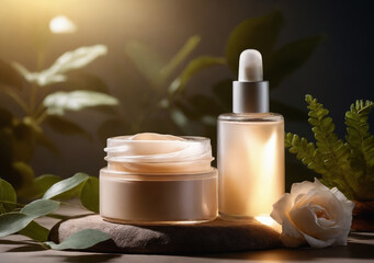 organic skincare items, cream in jar and serum bottle on dark countertop with a fresh palm plants leaf and flowers