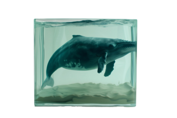 blue whale in a small aquarium. png object isolated on transparent background, mockup, design, template, layout, sticker