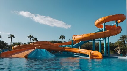 Water slide background banner featuring an orange aqua park slide that emerges into stunning blue waters
