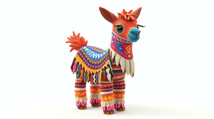 Cute and colorful llama figurine with a red scarf. 3D rendering of a llama with a colorful blanket.