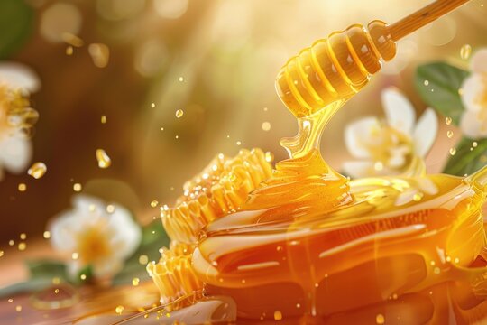 A jar of honey with a wooden stick, versatile image for food and cooking themes