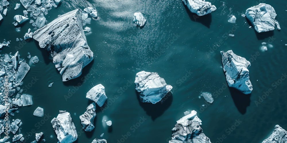 Poster a group of icebergs floating on top of a body of water. ideal for nature and climate change concepts