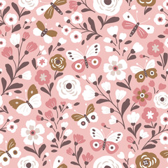 Seamless vector pattern with hand drawn flowers and butterflies. Perfect for textile, wallpaper or print design.