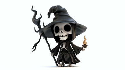 3D rendering of a cute grim reaper. The reaper is wearing a black robe and a black hat.