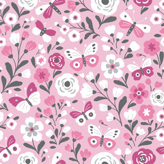 Seamless vector pattern with hand drawn flowers and butterflies. Perfect for textile, wallpaper or print design.