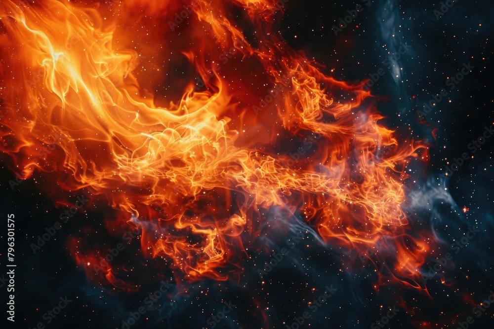 Poster Close up of a fire burning on a black background. Suitable for use in design projects or as a background image