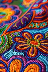 Vibrant close-up shot of a colorful embroidered table cloth, perfect for home decor projects