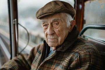 The image captures an elderly man with a weary expression seated in a bus, suggesting a moment of fatigue or profound thought