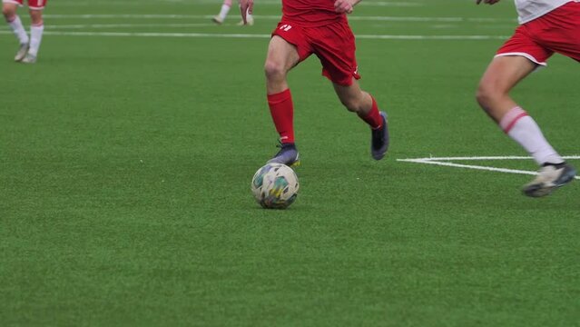Real Football Action Scene Competing Soccer Players Fighting for Ball at Field