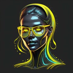 Portrait of a woman with a glass head with glasses, through which bright neon colors flow. bright colors, bright yellow neon eyes. dark grey background