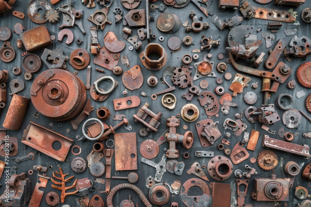 Poster A collection of rusted metal objects on a table. Suitable for industrial concepts