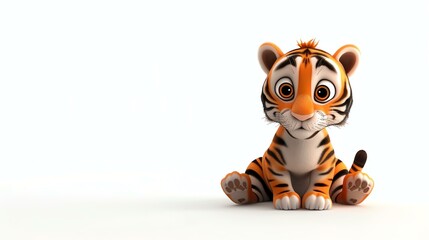 Cute and adorable 3D rendering of a baby tiger sitting down and looking at the camera with a curious expression on its face.