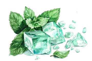 Fresh mint leaves scattered on ice cubes, perfect for summer drinks.