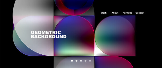 A geometric background featuring circles and squares in violet, magenta, and electric blue on a black background resembling an astronomical object in the sky