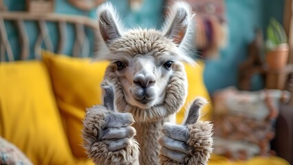 Naklejka premium Thumbs Up Alpaca Llama Banner with Copy Space, Approving Good Work. Concept Alpaca Llama Banner, Thumbs Up, Copy Space, Approving Good Work