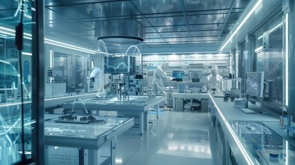A futuristic laboratory with advanced AI systems at work,