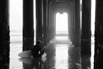 Serene view of a surfer seated with his surfboard under the architectural symmetry of a seaside pier in black and white - Powered by Adobe