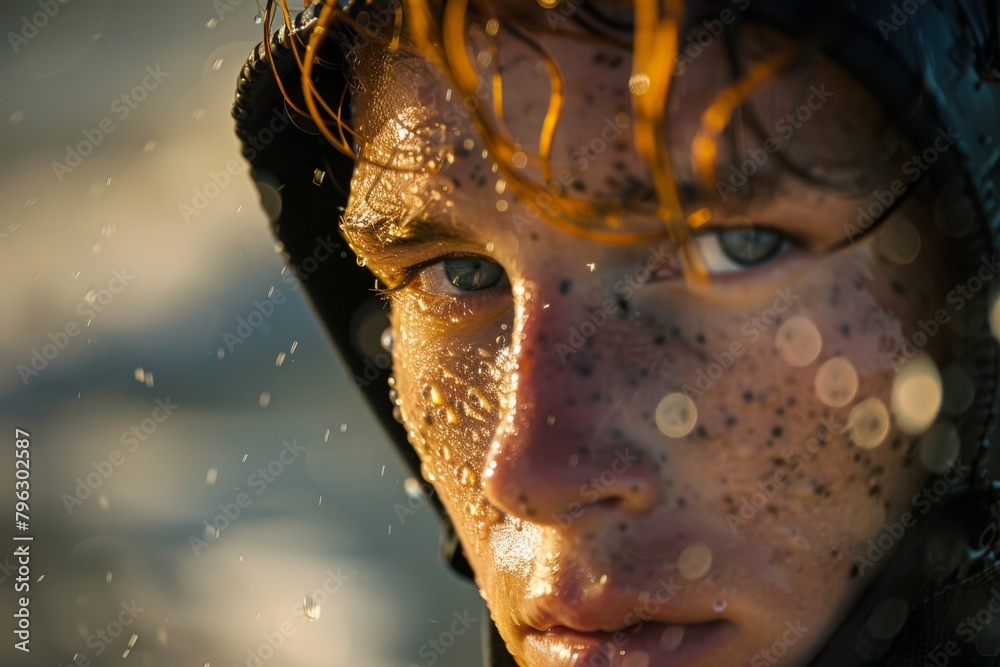 Poster a captivating image of light filtrating through a snowfall, highlighting the magical time of golden 