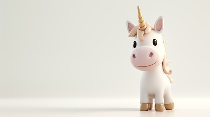 3D rendering of a cute and friendly unicorn. It has a white body, a pink mane and tail, and a golden horn and hooves.