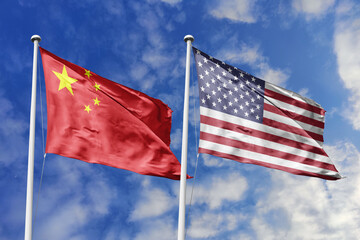 3d illustration. China and United States Flag waving in sky. High detailed waving flag. 3D render....