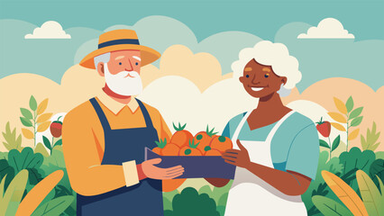 An elderly couple proudly displaying their bountiful harvest from their plot within a lively community garden surrounded by their fellow