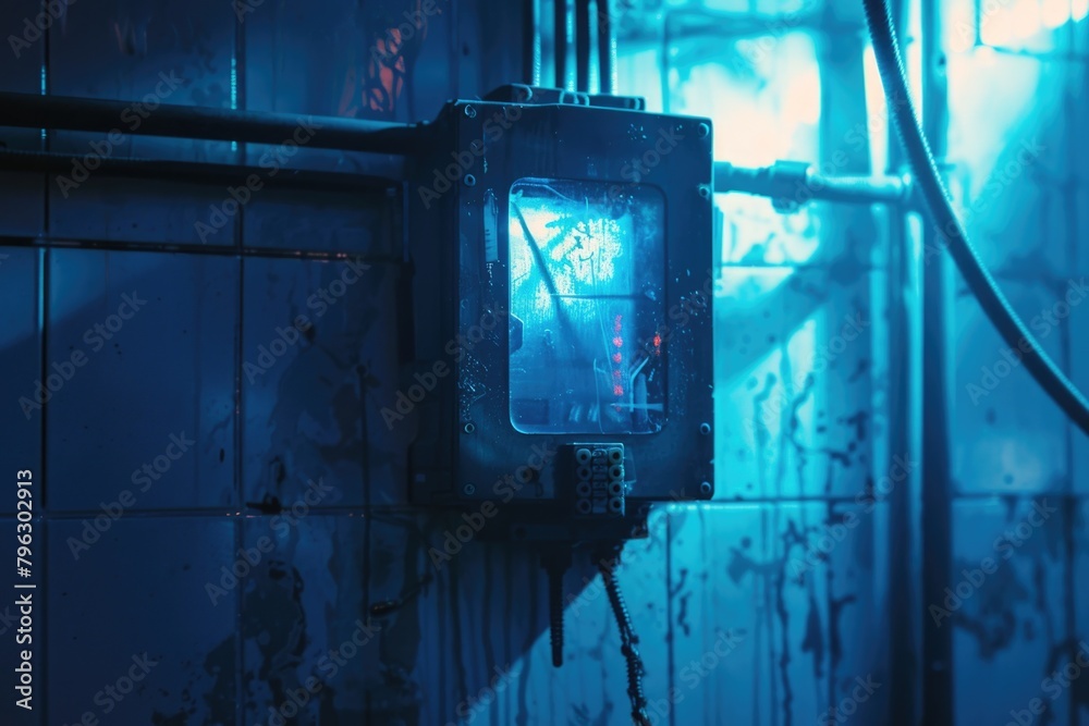 Poster detailed view of a traffic light on a wall. suitable for transportation concepts
