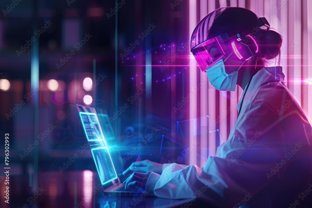Poster person wearing face mask while using laptop, suitable for health and technology concepts