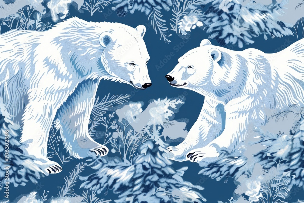Poster two polar bears standing side by side. suitable for wildlife and conservation concepts