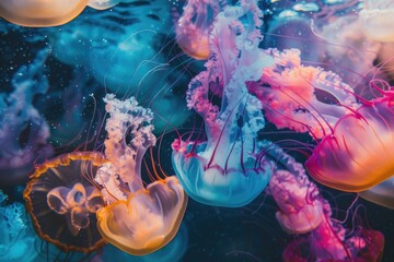 A group of jellyfish swimming in the ocean. Suitable for marine life concepts - obrazy, fototapety, plakaty
