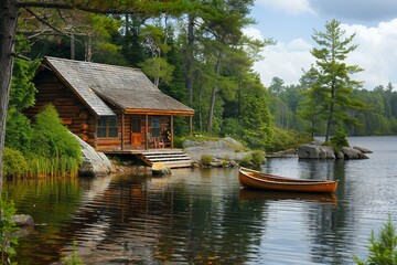A Peaceful Lakeside Cabin with Rowboat.