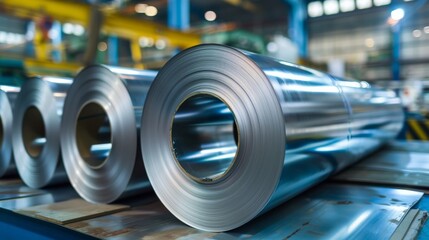 Rolls of galvanized steel sheet inside a factory or warehouse