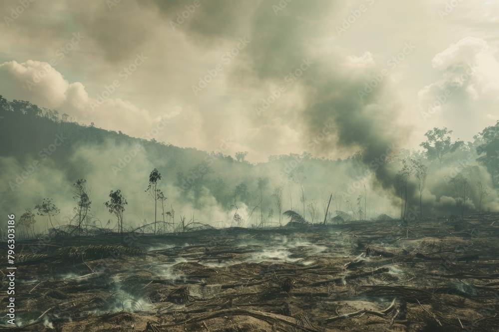 Poster smoke rising from a large field, suitable for environmental and disaster concepts