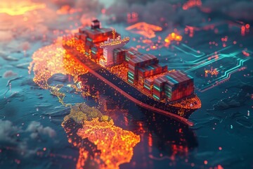 cargo ship laden with containers traveling across a stylized map of the world
