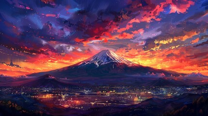 Vibrant sunset sky with reds, oranges, and purples behind the majestic Mt. Fuji, city lights twinkling below